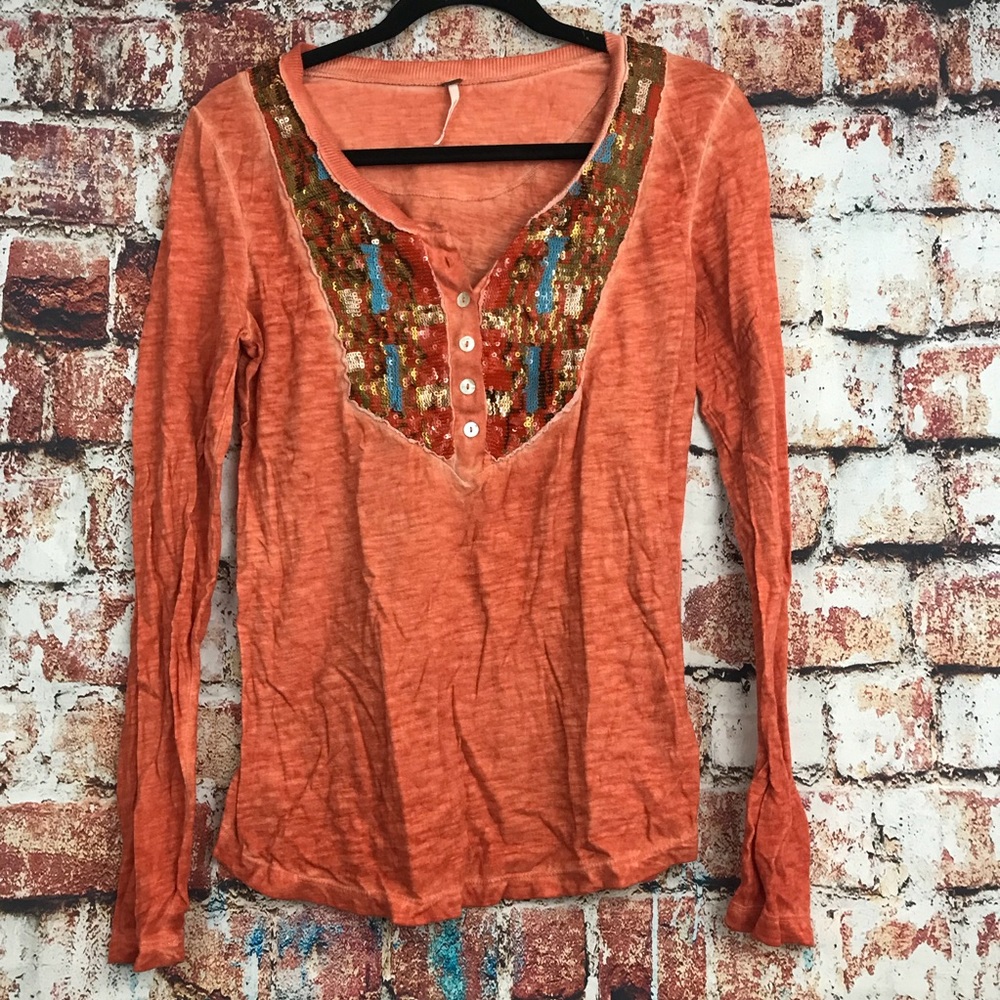 Free people tiger eye sequin Henley long sleeve